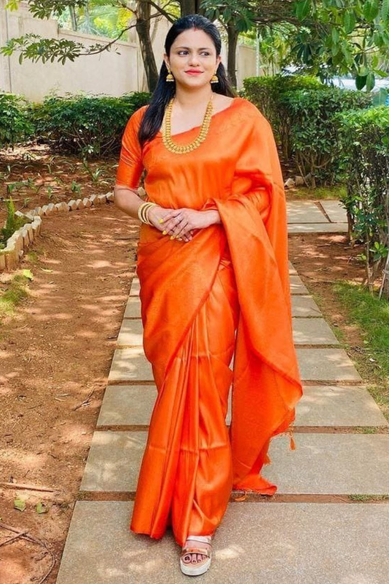 Brood Orange Kanjivaram Silk Saree With Diaphanous Blouse Piece