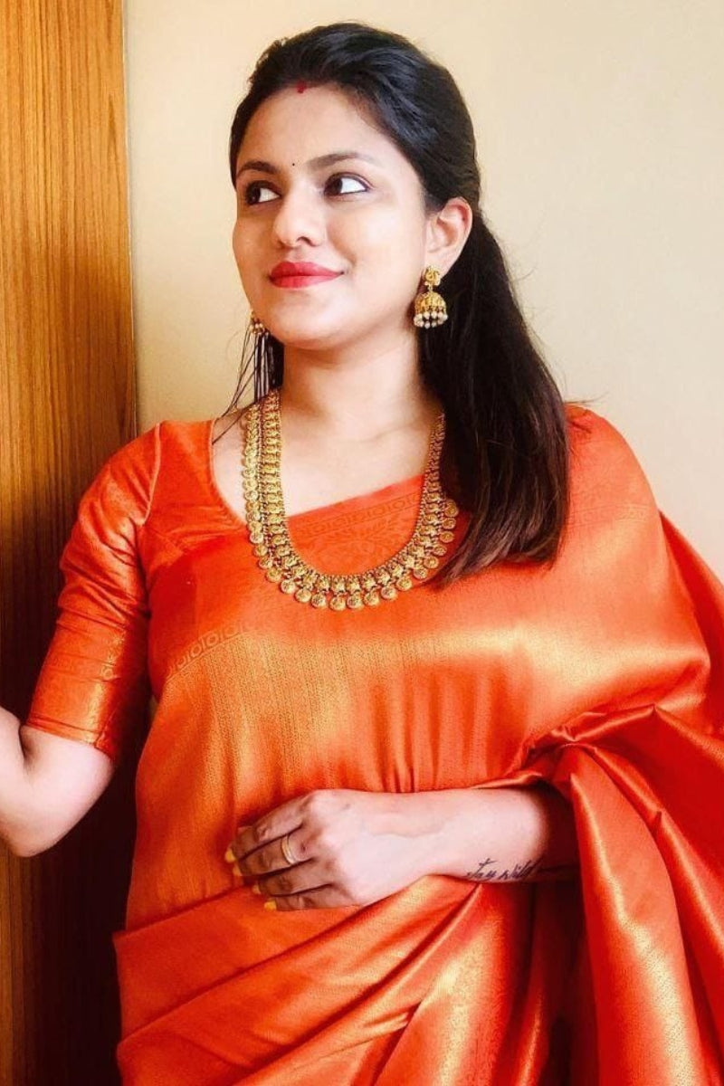 Brood Orange Kanjivaram Silk Saree With Diaphanous Blouse Piece