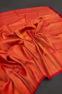 Brood Orange Kanjivaram Silk Saree With Diaphanous Blouse Piece