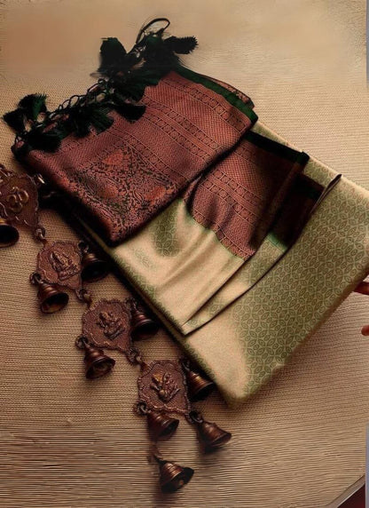 Angelic Pista Kanjivaram Silk Saree With Beleaguer Blouse Piece