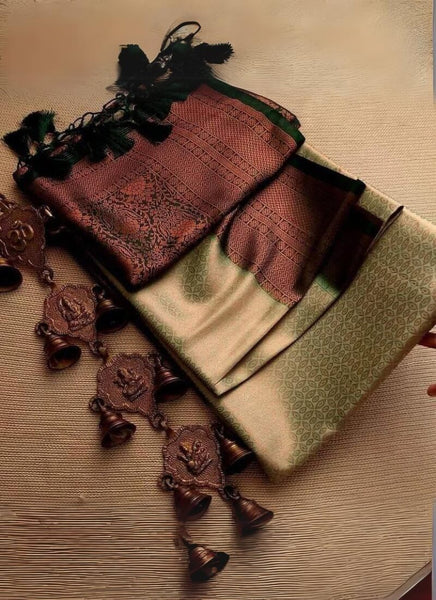 Angelic Pista Kanjivaram Silk Saree With Beleaguer Blouse Piece