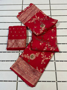 Artistic Red Soft Banarasi Silk Saree With Improbable Blouse Piece