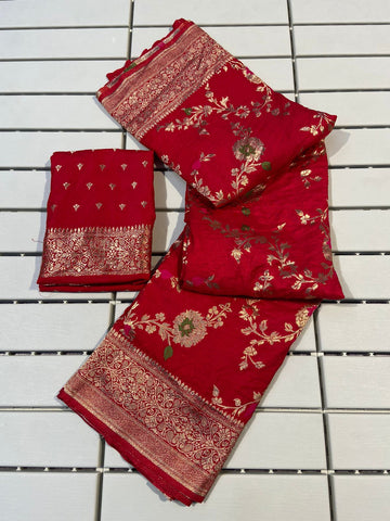 Artistic Red Soft Banarasi Silk Saree With Improbable Blouse Piece