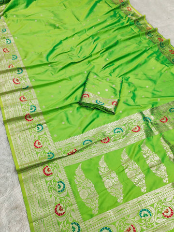 Angelic Parrot Soft Banarasi Silk Saree With Embellished Blouse Piece