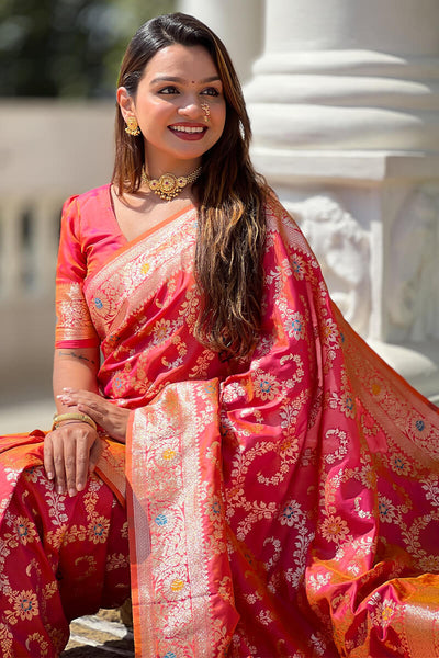 Bucolic Red Soft Banarasi Silk Saree With Conflate Blouse Piece