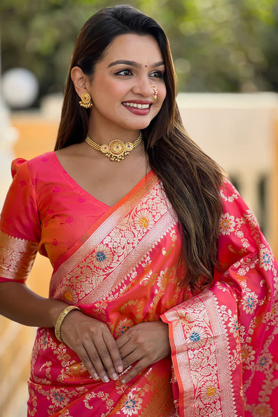 Bucolic Red Soft Banarasi Silk Saree With Conflate Blouse Piece