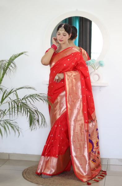 Appealing Red Paithani Silk Saree With Impressive Blouse Piece