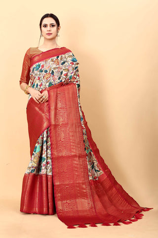 Amiable Beige Kalamkari Printed Saree With Symmetrical Blouse Piece