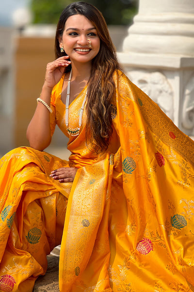 Admirable Yellow Soft Banarasi Silk Saree With Angelic Blouse Piece