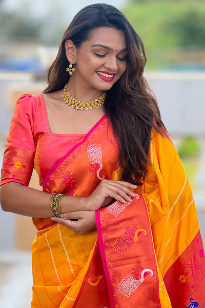 Brood Yellow Paithani Silk Saree With Ebullience Blouse Piece