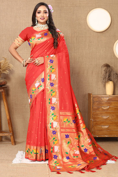 Beguiling Red Paithani Silk Saree With Embellished Blouse Piece