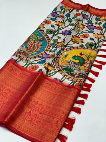 Amazing Beige Kalamkari Printed Saree With Unique Blouse Piece