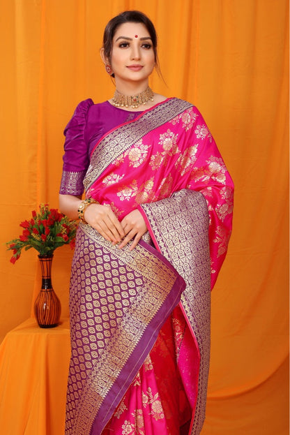 Artistic Dark Pink Kanjivaram Silk With Alluring Blouse Piece