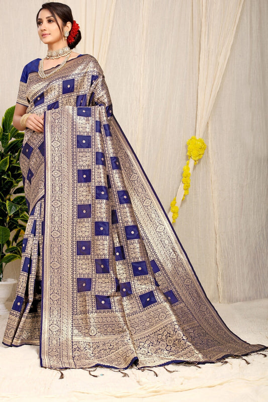 Designer Navy Blue Kanjivaram Silk Saree With Glittering Blouse Piece