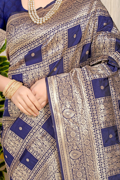 Designer Navy Blue Kanjivaram Silk Saree With Glittering Blouse Piece