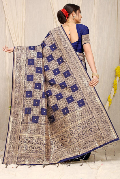 Designer Navy Blue Kanjivaram Silk Saree With Glittering Blouse Piece