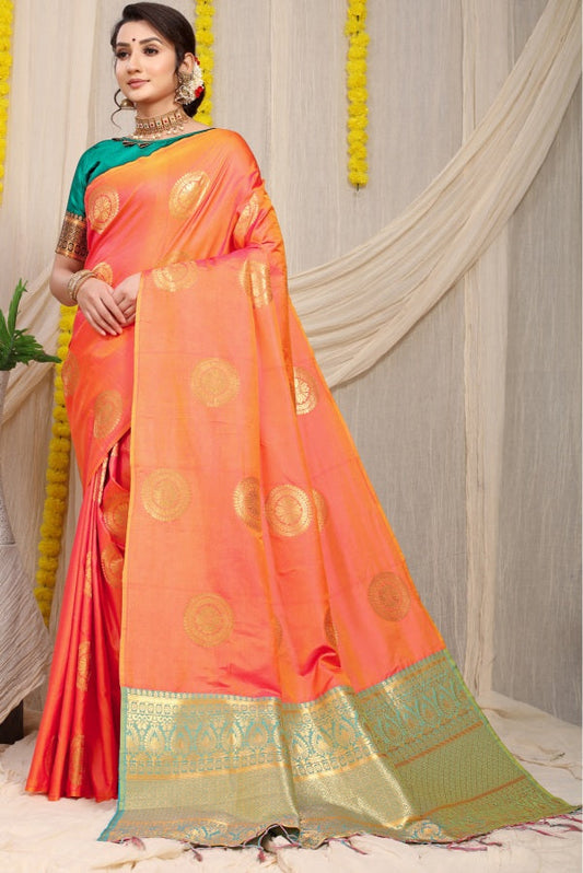Mesmerising Orange Kanjivaram Silk Saree and Angelic Blouse Piece