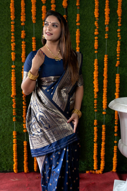 Glittering Blue Banarasi Silk Saree With Most Traditional Blouse Piece