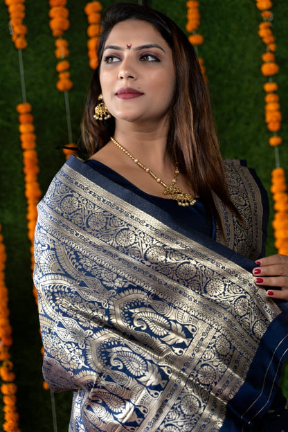 Glittering Blue Banarasi Silk Saree With Most Traditional Blouse Piece