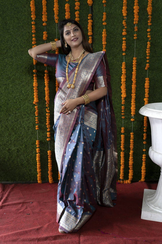 Unequalled Grey Banarasi Silk Saree With Most Traditional Blouse Piece