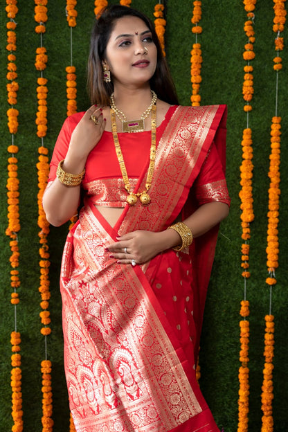 Stunning Red Banarasi Silk Saree With Most Traditional Blouse Piece