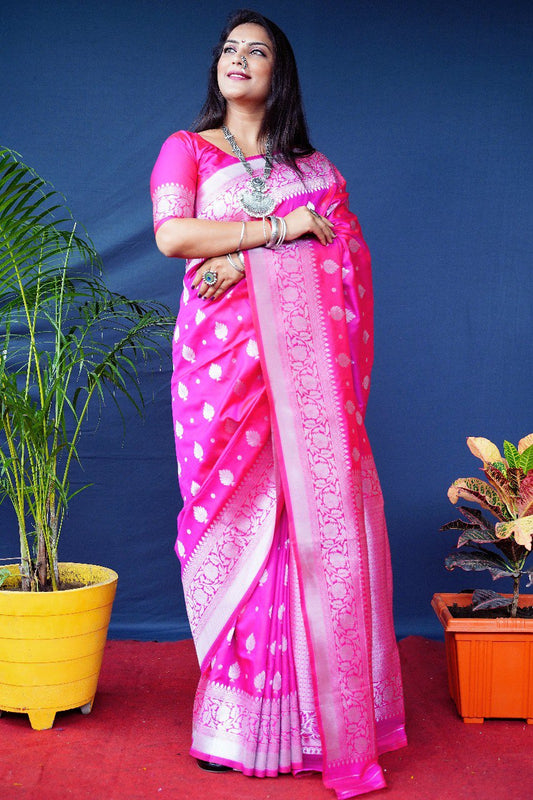 Supernal Pink Banarasi Silk Saree With Symmetrical Blouse Piece