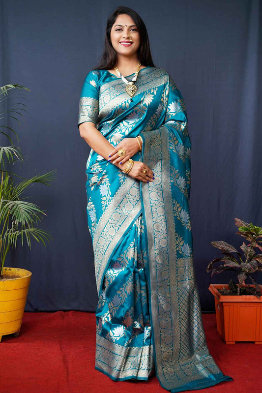 Petrichor Firozi Kanjivaram Silk With Fairytale Blouse Piece