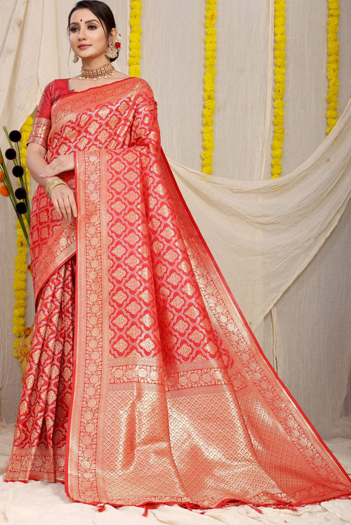 Surreptitious Red Kanjivaram Silk With Embrocation Blouse Piece