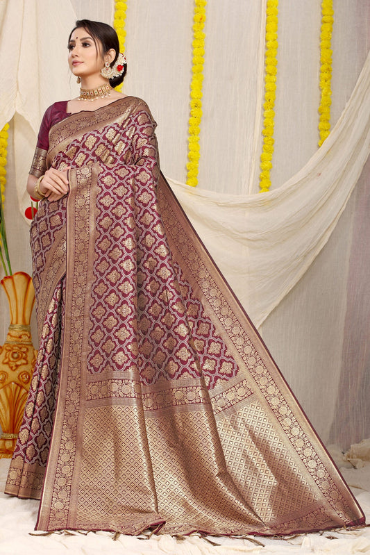 Magnetic Wine Kanjivaram Silk With Dissemble Blouse Piece