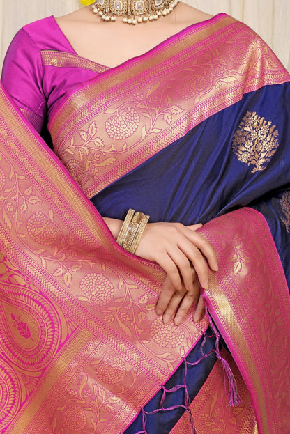 Opulent Navy Blue Banarasi Silk Saree With Forbearance Blouse Piece