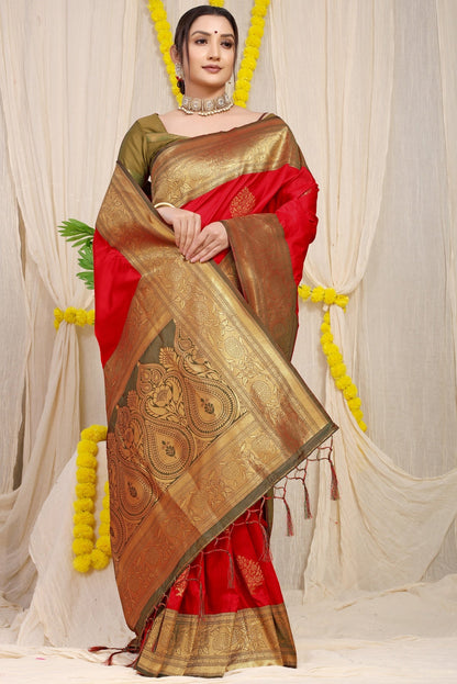 Stylish Red Banarasi Silk Saree With Forbearance Blouse Piece