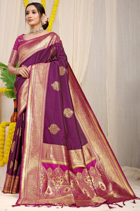 Precious Wine Banarasi Silk Saree With Forbearance Blouse Piece