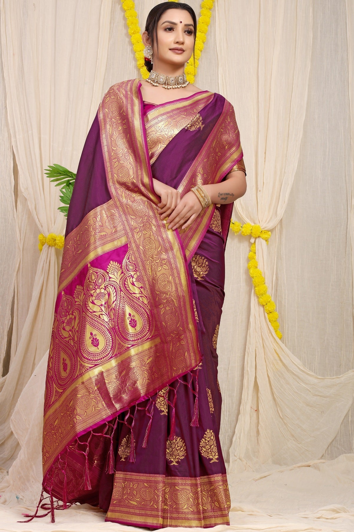 Precious Wine Banarasi Silk Saree With Forbearance Blouse Piece