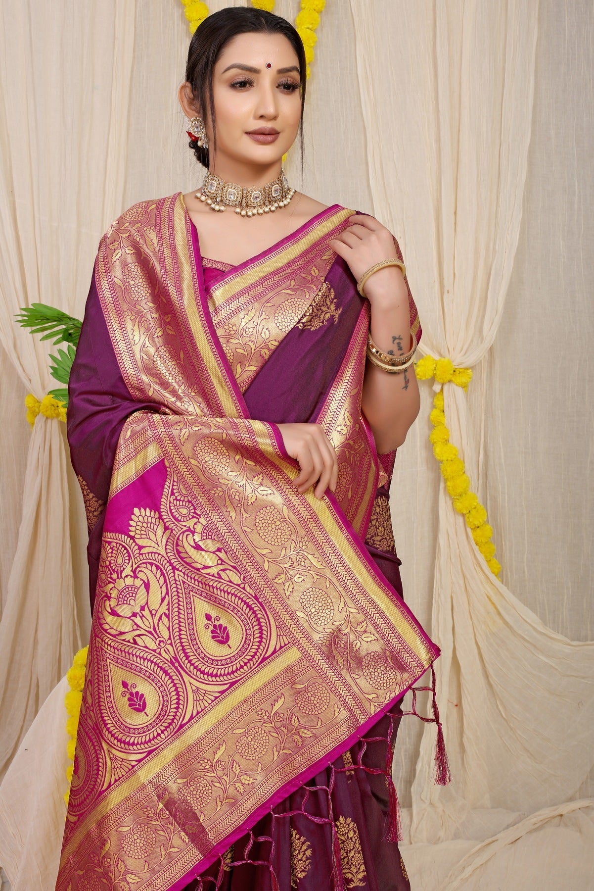 Precious Wine Banarasi Silk Saree With Forbearance Blouse Piece