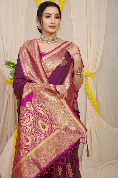 Precious Wine Banarasi Silk Saree With Forbearance Blouse Piece