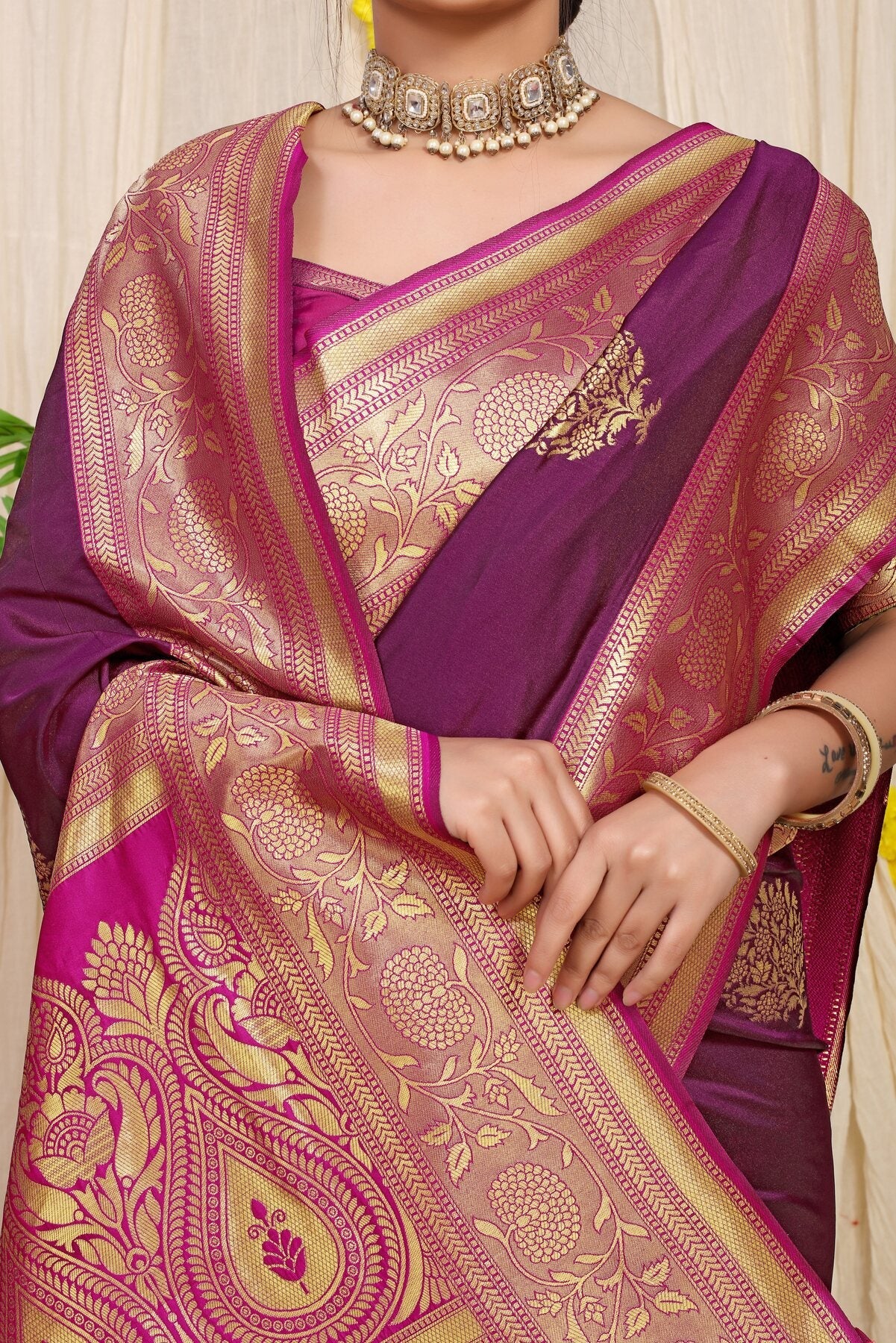Precious Wine Banarasi Silk Saree With Forbearance Blouse Piece