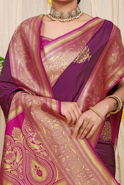 Precious Wine Banarasi Silk Saree With Forbearance Blouse Piece