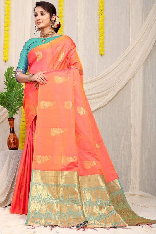 Alluring Peach Banarasi Silk With Wonderful Blouse Piece