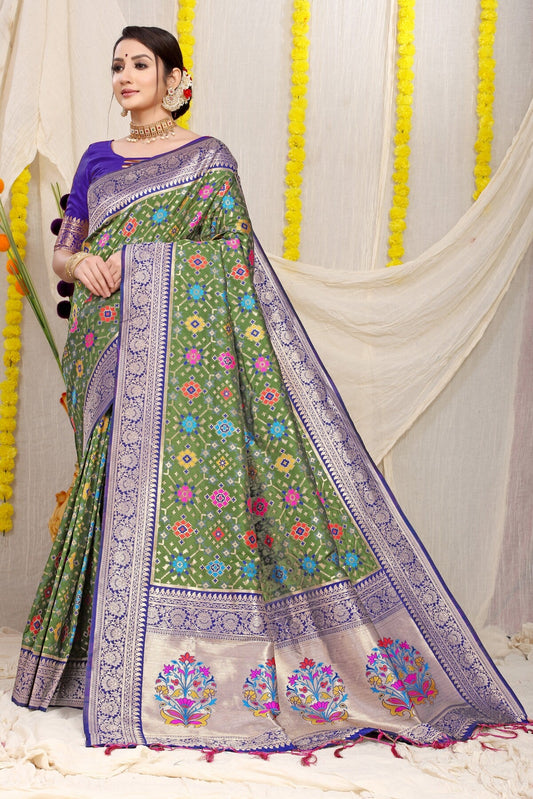 Stylish Green Soft Patola Silk Saree with Demanding Blouse Piece