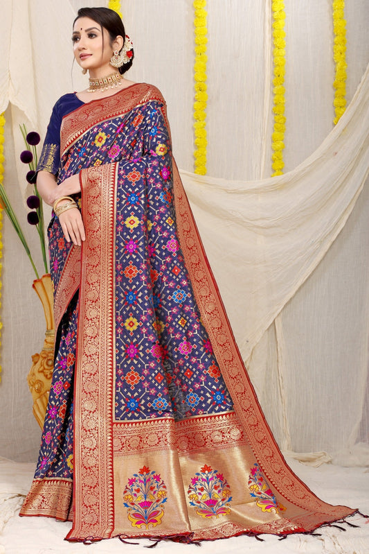 Unique Navy Blue Soft Patola Silk Saree with Demanding Blouse Piece