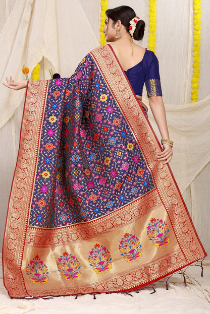 Unique Navy Blue Soft Patola Silk Saree with Demanding Blouse Piece