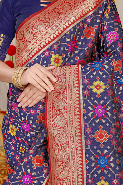 Unique Navy Blue Soft Patola Silk Saree with Demanding Blouse Piece