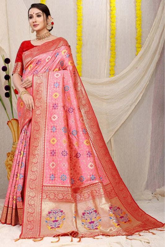 Staring Pink Soft Patola Silk Saree with Demanding Blouse Piece