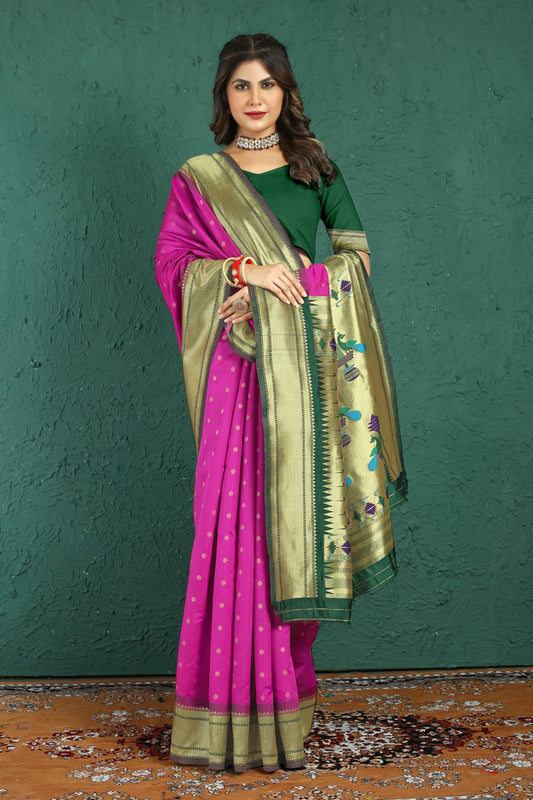 Energetic Dark Pink Paithani Silk Saree With Sensational Blouse Piece