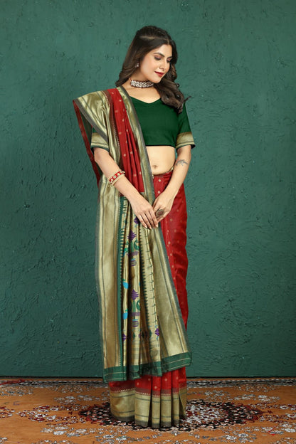 Gorgeous Maroon Paithani Silk Saree With Alluring Blouse Piece