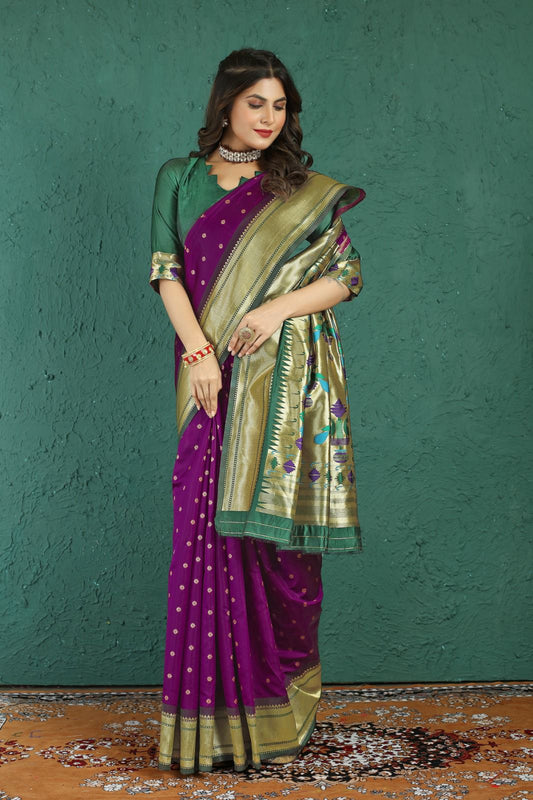 Skinny Purple Paithani Silk Saree With Capricious Blouse Piece