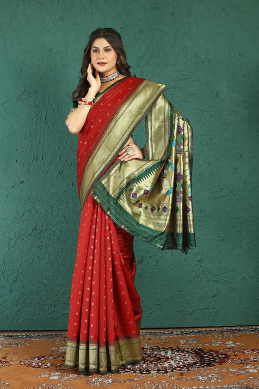 Unique Red Paithani Silk Saree With Gratifying Blouse Piece