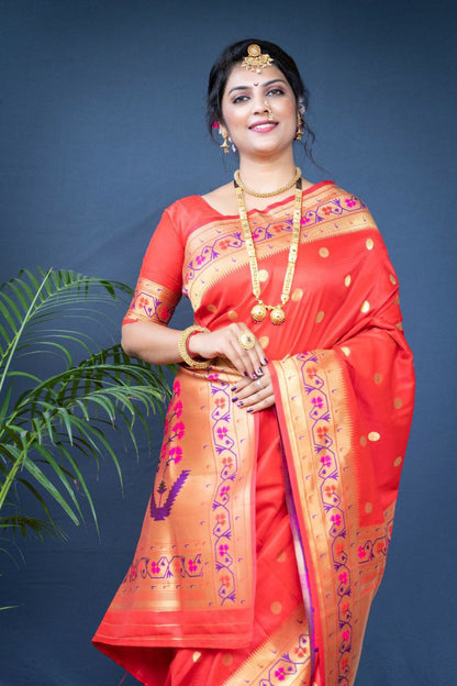 Stylish Red Paithani Silk Saree With Ethnic Blouse Piece