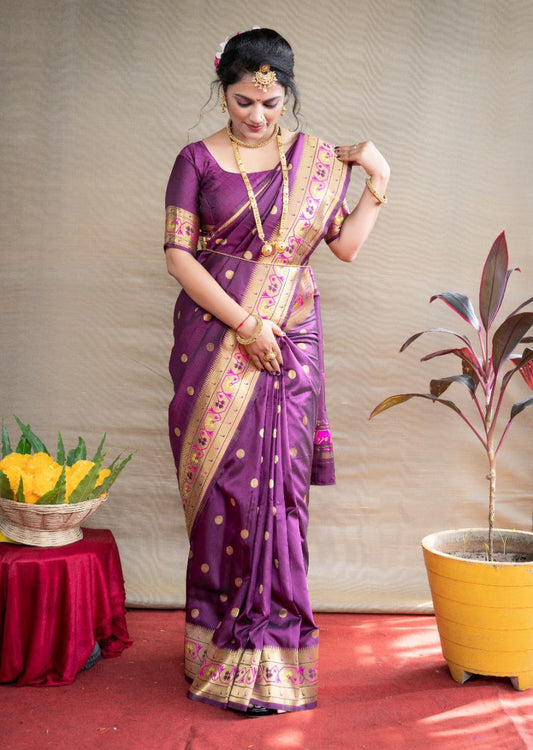 Alluring Wine Paithani Silk Saree With Ethnic Blouse Piece