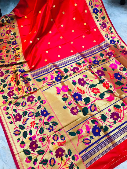 Most Stunning Red Paithani Silk Saree With Sizzling Blouse Piece